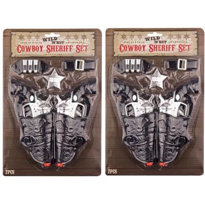 Lizzy 2 Pack Adult Cowboy Sheriff Costume Accessory Set – 7 Piece Wild West Fancy Dress Kit with 2 Silver Toy Pistols, Holsters, Sheriff Badge, Belt & Bullets for Western, Halloween & Themed Parties Lizzy 2 Pack Adult Cowboy Sheriff Costume Accessory Set – 7 Piece Wild West Fancy Dress Kit with 2 Silver Toy Pistols, Holsters, Sheriff Badge, Belt & Bullets for Western, Halloween & Themed Parties