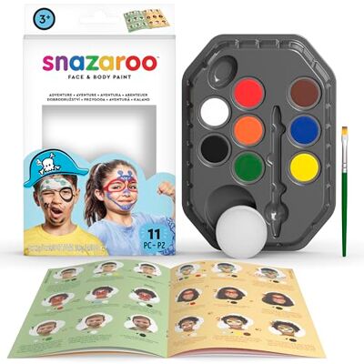 Snazaroo Adventure Face Paint Palette Kit for Kids and Adults, 8 Colours, 11pcs, Brush, Sponge, Guide, Water Based, Easily Washable, Non-Toxic, Makeup, Body Painting and Parties, for Ages 3+ Snazaroo Adventure Face Paint Palette Kit for Kids and Adults, 8 Colours, 11pcs, Brush, Sponge, Guide, Water Based, Easily Washable, Non-Toxic, Makeup, Body Painting and Parties, for Ages 3+