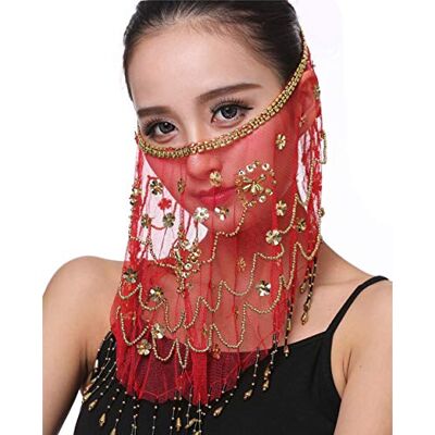 Lauthen.S Women Belly Dance Face Veil with Beads Sequins Halloween Costume Accessory Lauthen.S Women Belly Dance Face Veil with Beads Sequins Halloween Costume Accessory