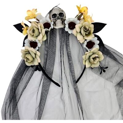 hogtnd Witch Headwear Skull Flower Hairband with Decorative Veil, B hogtnd Witch Headwear Skull Flower Hairband with Decorative Veil, B