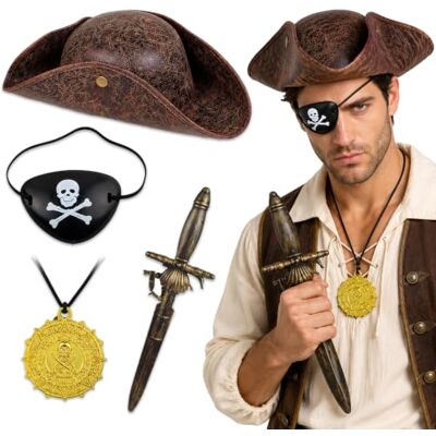 Yunvisty 4 pcs Halloween Pirate Hat Costume Accessory Set Eye Patch Fake Sword Coin Yunvisty 4 pcs Halloween Pirate Hat Costume Accessory Set Eye Patch Fake Sword Coin