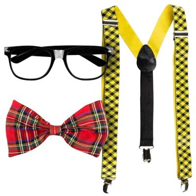 Boland Nerd Costume Accessory Set for Adults – Geeky Glasses, Red Tartan Bow Tie & Yellow Bracers – Funny Novelty Fancy Dress Outfit for Geek, Geeky, Nerd School or Book Day Themes – One Size Boland Nerd Costume Accessory Set for Adults – Geeky Glasses, Red Tartan Bow Tie & Yellow Bracers – Funny Novelty Fancy Dress Outfit for Geek, Geeky, Nerd School or Book Day Themes – One Size