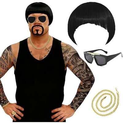 YUPDFGB Adults Ibiz a Final Boss Costume Accessory Set – Bowl Cut Wig, Goatee Stick On, Gold Chain & Glasses – Funny Fancy Dress Costume Kit for Festivals & Parties YUPDFGB Adults Ibiz a Final Boss Costume Accessory Set – Bowl Cut Wig, Goatee Stick On, Gold Chain & Glasses – Funny Fancy Dress Costume Kit for Festivals & Parties