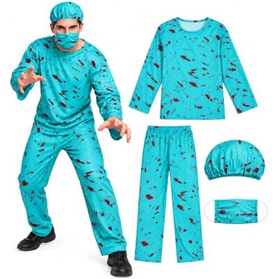 HENBRANDT Bloody Surgeon Adult Fancy Dress Costume, One Size One Size, Blood-Splatter Print, 4-Piece Set, Knife Not Included HENBRANDT Bloody Surgeon Adult Fancy Dress Costume, One Size One Size, Blood-Splatter Print, 4-Piece Set, Knife Not Included