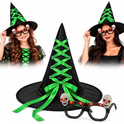 HOVUK Black Halloween Witch Hat with Light Up Glasses Oxford Cloth Colourful Ribbon Wizard Hat, Halloween LED Glasses, Halloween Party Hat for Children Adult Costume Accessory Fancy Dress HOVUK Black Halloween Witch Hat with Light Up Glasses Oxford Cloth Colourful Ribbon Wizard Hat, Halloween LED Glasses, Halloween Party Hat for Children Adult Costume Accessory Fancy Dress