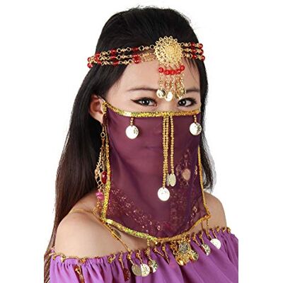 Grouptap Silk belly dance sexy face veil mask costume womens girls Arabian Turkish outfits with gold jewelry tie (Purple) Grouptap Silk belly dance sexy face veil mask costume womens girls Arabian Turkish outfits with gold jewelry tie (Purple)