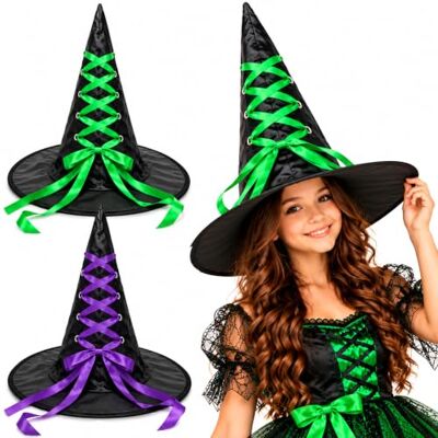 HOVUK Black Halloween Witch Hat 40cm Oxford Cloth Wizard Hat with Ribbon, Witches Hat with Wide Brims, Gothic Party Hats for Halloween Party Children Adult Costume Accessory Fancy Dress HOVUK Black Halloween Witch Hat 40cm Oxford Cloth Wizard Hat with Ribbon, Witches Hat with Wide Brims, Gothic Party Hats for Halloween Party Children Adult Costume Accessory Fancy Dress
