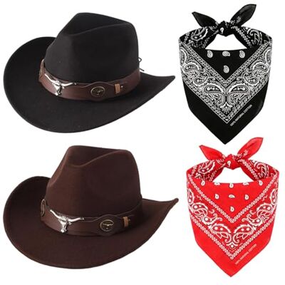 CYGMRFH Cowboy Costume Accessory Set -2PCS Western Cowboy Hat with 2PCS Bull Skull Band, Paisley Bandana, Available in Black/Brown, for Halloween Fancy Dress Cosplay CYGMRFH Cowboy Costume Accessory Set -2PCS Western Cowboy Hat with 2PCS Bull Skull Band, Paisley Bandana, Available in Black/Brown, for Halloween Fancy Dress Cosplay