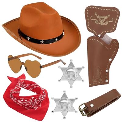 CYGMRFH Cowboy Costume Accessory Set with BrownCowboy Hat, Bandana, Heart Sunglasses, Holster & Belt,Western Fancy Dress Kit for Adults Kids HalloweenCosplay (Star stud) CYGMRFH Cowboy Costume Accessory Set with BrownCowboy Hat, Bandana, Heart Sunglasses, Holster & Belt,Western Fancy Dress Kit for Adults Kids HalloweenCosplay (Star stud)