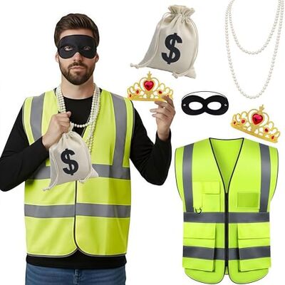 YUPDFGB Burglar Costume Accessory Set, Reflective vest, Black Eye Mask with White Pearl Necklace Crown and SWAG Drawstring Backpack Robber Costume for Halloween, Carnival, Dress Up Party YUPDFGB Burglar Costume Accessory Set, Reflective vest, Black Eye Mask with White Pearl Necklace Crown and SWAG Drawstring Backpack Robber Costume for Halloween, Carnival, Dress Up Party