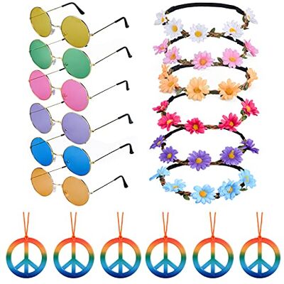 Lezevn 18PCS Hippie Costume Accessory Set: Rainbow Peace Sign Necklaces, Daisy Sunflower Headbands & Sunglasses for 60s 70s Dressing, Adult Female, Multicolor, Boho/Hippie, Flower, Halloween Lezevn 18PCS Hippie Costume Accessory Set: Rainbow Peace Sign Necklaces, Daisy Sunflower Headbands & Sunglasses for 60s 70s Dressing, Adult Female, Multicolor, Boho/Hippie, Flower, Halloween