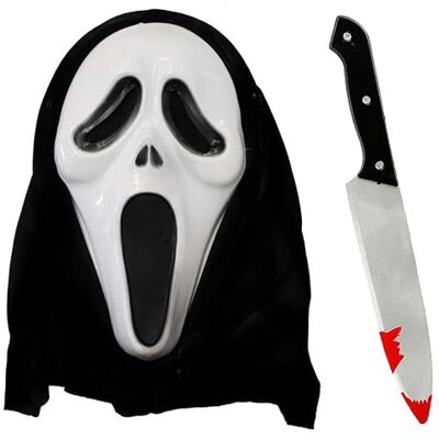I LOVE FANCY DRESS Bloody Knife & Screamer Death Mask With Hood Halloween Fancy Dress Accessory Blood Stained Zombie Death Prop I LOVE FANCY DRESS Bloody Knife & Screamer Death Mask With Hood Halloween Fancy Dress Accessory Blood Stained Zombie Death Prop