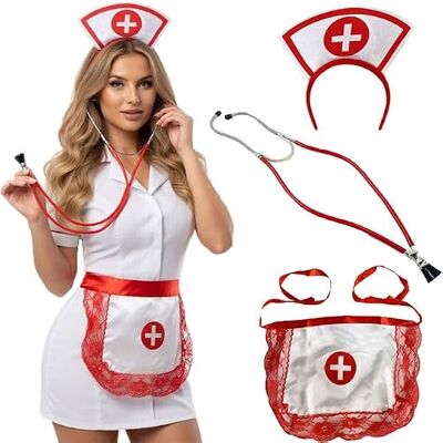 FASHIONISM 3 Pcs Women’s Nurse Costume Set, Nurse Role Play Outfit with Headband, Toy Stethoscope & Apron, Nurses Cosplay Accessories, Halloween Costume, Fancy Dress Party & Themed Event Props FASHIONISM 3 Pcs Women’s Nurse Costume Set, Nurse Role Play Outfit with Headband, Toy Stethoscope & Apron, Nurses Cosplay Accessories, Halloween Costume, Fancy Dress Party & Themed Event Props
