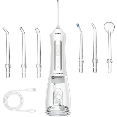 BARBERBOSS Rechargeable Water Flosser for Teeth & Gums, Cordless Oral Irrigator with 5 Cleaning Modes, 5 Jet Tips, 300ml Tank, IPX7 Waterproof, Electric Teeth Flosser BARBERBOSS Rechargeable Water Flosser for Teeth & Gums, Cordless Oral Irrigator with 5 Cleaning Modes, 5 Jet Tips, 300ml Tank, IPX7 Waterproof, Electric Teeth Flosser