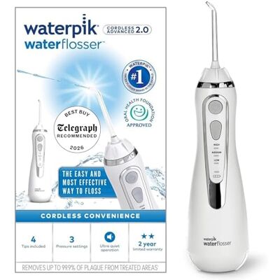 Waterpik Cordless Advanced Water Flosser, 3 Pressure Settings, Dental Plaque Removal Tool, Ideal for Travel or Small Bathrooms, USB Charger, White, WP-580UK Waterpik Cordless Advanced Water Flosser, 3 Pressure Settings, Dental Plaque Removal Tool, Ideal for Travel or Small Bathrooms, USB Charger, White, WP-580UK