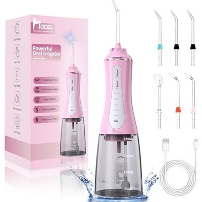 Mocel Cordless Water Flosser for Teeth, 350ml Rechargeable Oral Irrigator with 5 Modes & 6 Jet Tips, IPX7 Waterproof Portable Water Dental Flosser for Braces, Home & Travel, Pink Mocel Cordless Water Flosser for Teeth, 350ml Rechargeable Oral Irrigator with 5 Modes & 6 Jet Tips, IPX7 Waterproof Portable Water Dental Flosser for Braces, Home & Travel, Pink