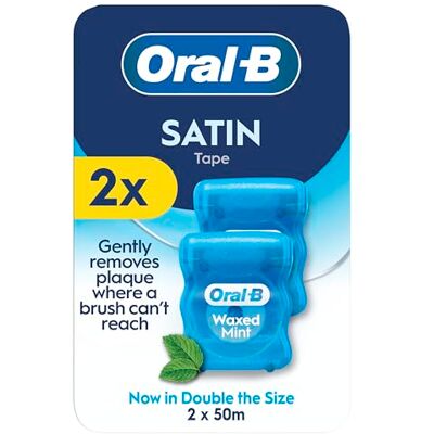 Oral-B Satin Tape Floss, Removes Plaque, Waxed Dental Floss for Tight Spaces, for a Fresh, Clean Feeling, Mint Flavour 50m Roll,2 Count Oral-B Satin Tape Floss, Removes Plaque, Waxed Dental Floss for Tight Spaces, for a Fresh, Clean Feeling, Mint Flavour 50m Roll,2 Count