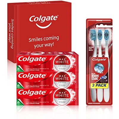 Colgate Max White Luminous Teeth Whitening Toothpaste & Toothbrush Bundle Kit, 3x75ml Toothpaste Multipack & 3 Pack Toothbrush Colgate Max White Luminous Teeth Whitening Toothpaste & Toothbrush Bundle Kit, 3x75ml Toothpaste Multipack & 3 Pack Toothbrush