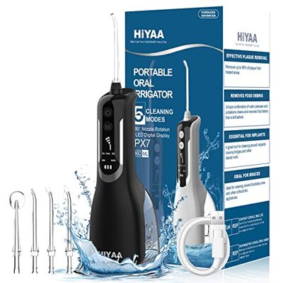 HIYAA Water Flossers for Teeth Cordless and Oral Irrigator Dental Flosser with 5 Modes, 360ML Portable Dental Water Flosser with 4 Jet Tips & USB Rechargeable Use for Travel-Black HIYAA Water Flossers for Teeth Cordless and Oral Irrigator Dental Flosser with 5 Modes, 360ML Portable Dental Water Flosser with 4 Jet Tips & USB Rechargeable Use for Travel-Black