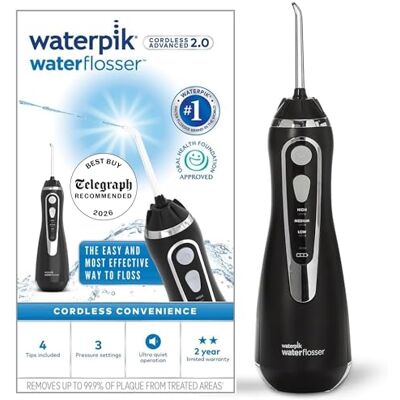 Waterpik Cordless Advanced Water Flosser, 3 Pressure Settings, Dental Plaque Removal Tool, Ideal for Travel or Small Bathrooms, USB Charger, Black, WP-582UK Waterpik Cordless Advanced Water Flosser, 3 Pressure Settings, Dental Plaque Removal Tool, Ideal for Travel or Small Bathrooms, USB Charger, Black, WP-582UK