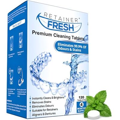 Retainer Fresh Retainer Cleaner Tablets 120 Tablets Denture Cleaner Also cleans mouth guards, dentures & clear aligners. Removes plaque, odour & stains for a fresh, hygienic finish daily Retainer Fresh Retainer Cleaner Tablets 120 Tablets Denture Cleaner Also cleans mouth guards, dentures & clear aligners. Removes plaque, odour & stains for a fresh, hygienic finish daily