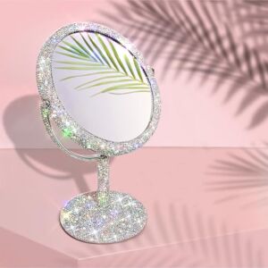 TISHAA Bling Makeup Vanity Mirror Luxury Stand 2X Magnification Double Sided Glass Cosmetic Crystal Rhinestone Diamond Glitter Portable Desk Bathroom Bedroom Tabletop TISHAA Bling Makeup Vanity Mirror Luxury Stand 2X Magnification Double Sided Glass Cosmetic Crystal Rhinestone Diamond Glitter Portable Desk Bathroom Bedroom Tabletop