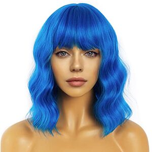 LANCAINI Short Bob Wavy Wig with Bangs for Women Loose Curly Shoulder Length Synthetic Cosplay Wig Bob for Girl Colorful Costume Wigs (Blue) LANCAINI Short Bob Wavy Wig with Bangs for Women Loose Curly Shoulder Length Synthetic Cosplay Wig Bob for Girl Colorful Costume Wigs (Blue)