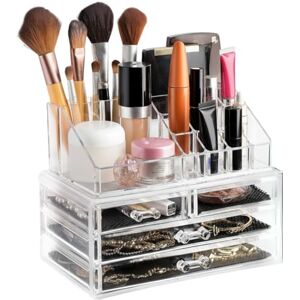 Masirs Clear Cosmetic Storage Organizer Easily Organize Your Cosmetics, Jewelry and Hair Accessories. Looks Elegant Sitting on Your Vanity, Bathroom Counter or Dresser. Clear Design for Easy Visibility. Masirs Clear Cosmetic Storage Organizer Easily Organize Your Cosmetics, Jewelry and Hair Accessories. Looks Elegant Sitting on Your Vanity, Bathroom Counter or Dresser. Clear Design for Easy Visibility.