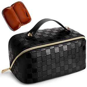 Cessfle Large Capacity Travel Cosmetic Bag Plaid Checkered Makeup Bag Portable Leather Waterproof Skincare Bag with Handle and Divider for Women…, 01-Black, Fashion Cessfle Large Capacity Travel Cosmetic Bag Plaid Checkered Makeup Bag Portable Leather Waterproof Skincare Bag with Handle and Divider for Women…, 01-Black, Fashion