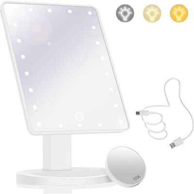 Woobroo Makeup Vanity Mirror with Lights and 22 LED Lighted Makeup Mirror, Detachable 10X Magnification, Adjustable Dimming Touch Sensor, Dual Power Supply, 270° Rotation, Portable Cosmetic Mirror White Woobroo Makeup Vanity Mirror with Lights and 22 LED Lighted Makeup Mirror, Detachable 10X Magnification, Adjustable Dimming Touch Sensor, Dual Power Supply, 270° Rotation, Portable Cosmetic Mirror White