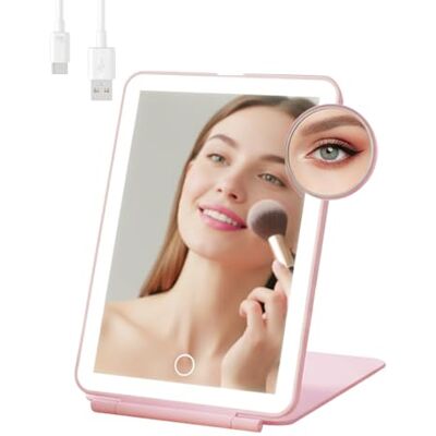 HAWAJOK Rechargeable Travel Makeup Mirror, Portable Vanity Mirror with 3 Colors 72 LED Lighting, 1X/10X Magnification, Tabletop Folding Mirror with Stand, Smart Touch Dimming, for Women, Pink HAWAJOK Rechargeable Travel Makeup Mirror, Portable Vanity Mirror with 3 Colors 72 LED Lighting, 1X/10X Magnification, Tabletop Folding Mirror with Stand, Smart Touch Dimming, for Women, Pink