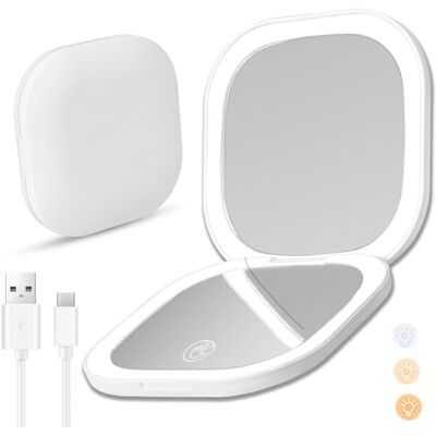 Yomaido Magnifying Compact Mirror with Light, Travel Makeup Mirror USB Rechargeable 1X/3X with 24LEDs Dimmable, Portable Folding Mirror for Handbag Pocket, Present for Women Travel Essentials White Yomaido Magnifying Compact Mirror with Light, Travel Makeup Mirror USB Rechargeable 1X/3X with 24LEDs Dimmable, Portable Folding Mirror for Handbag Pocket, Present for Women Travel Essentials White