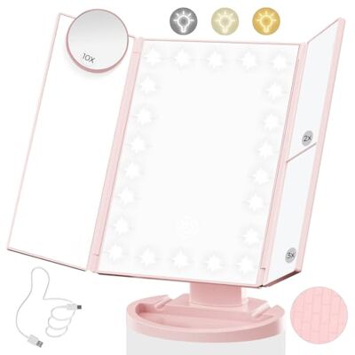 HIYAA Lighted Makeup Mirror with 22 LED Lights, Dual Power Supply 1x/2x/3x/10x Magnifying Touch Screen Dimmable Mirror, 180 Degree Adjustable Angle, Travel Cosmetic Mirror Pink HIYAA Lighted Makeup Mirror with 22 LED Lights, Dual Power Supply 1x/2x/3x/10x Magnifying Touch Screen Dimmable Mirror, 180 Degree Adjustable Angle, Travel Cosmetic Mirror Pink