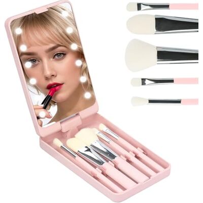 JIANGLAI Pink Pocket Mirror with Led Light, 5 Makeup Brushes, Folding, Rechargeable, Dimmable, Compact Travel Mirror for Purse, Handbag JIANGLAI Pink Pocket Mirror with Led Light, 5 Makeup Brushes, Folding, Rechargeable, Dimmable, Compact Travel Mirror for Purse, Handbag