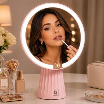 SuperGift.com Pink LED Lighted Vanity Makeup Mirror with Touch Control, Dimmable Tabletop Cosmetic Mirror, Modern Round Desk Mirror for Makeup & Skincare, 35 cm SuperGift.com Pink LED Lighted Vanity Makeup Mirror with Touch Control, Dimmable Tabletop Cosmetic Mirror, Modern Round Desk Mirror for Makeup & Skincare, 35 cm