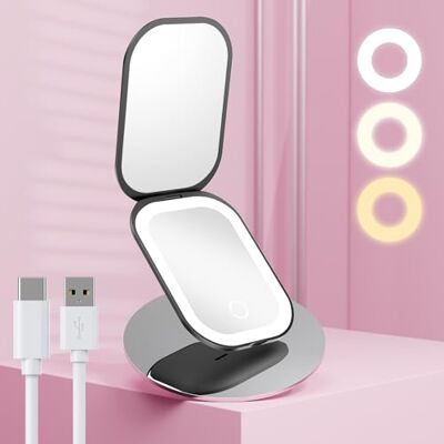 Benbilry Lighted Compact Travel Mirror with 3 Color Lights and Magnification 1X/3X, Ultra Slim Rechargeable Pocket Mirror for Purse, 2-Sided, Handheld, Folding, Portable, Black Benbilry Lighted Compact Travel Mirror with 3 Color Lights and Magnification 1X/3X, Ultra Slim Rechargeable Pocket Mirror for Purse, 2-Sided, Handheld, Folding, Portable, Black