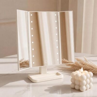 OHS 3 Way Vanity Mirror Trifold Makeup Mirror with 16 LED Lights, Natural Adjustable Touch Screen Light Up Mirror Skincare Make Up Cosmetic Countertop Mirrors OHS 3 Way Vanity Mirror Trifold Makeup Mirror with 16 LED Lights, Natural Adjustable Touch Screen Light Up Mirror Skincare Make Up Cosmetic Countertop Mirrors