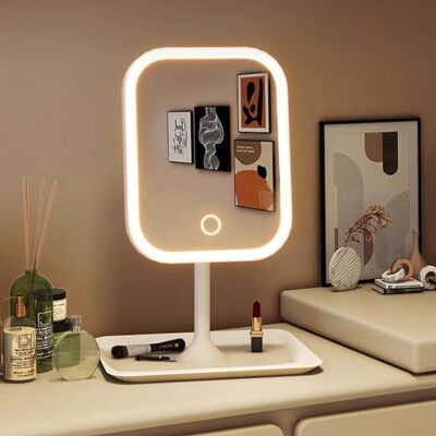 Baverta Makeup Vanity Mirror with Lights, LED Makeup Mirror with 3 Color Modes, Tabletop Vanity Lighted Mirror with Smart Touch Control, Light Up Make Up Mirror with Storage Tray & 270° Rotation Baverta Makeup Vanity Mirror with Lights, LED Makeup Mirror with 3 Color Modes, Tabletop Vanity Lighted Mirror with Smart Touch Control, Light Up Make Up Mirror with Storage Tray & 270° Rotation