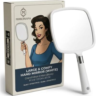 MIRRORVANA Large Hand Held Mirror with Comfy Handle, 33cm x 23cm (White) Big Hand Mirror with Ergonomic Handle for Barbers, Hairdressers, Beauty Salons, Home Self Haircuts & Face Makeup Application MIRRORVANA Large Hand Held Mirror with Comfy Handle, 33cm x 23cm (White) Big Hand Mirror with Ergonomic Handle for Barbers, Hairdressers, Beauty Salons, Home Self Haircuts & Face Makeup Application