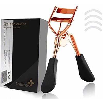 Majestik+ Eyelash Curler with 4 Refill Pads Rose Gold Designed for No Pinching or Pulling Just Dramatically Curled Eyelashes & Lash Line in Seconds By Majestik+ Eyelash Curler with 4 Refill Pads Rose Gold Designed for No Pinching or Pulling Just Dramatically Curled Eyelashes & Lash Line in Seconds By
