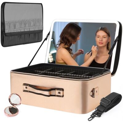 GNIYNAY Extra-Large Capacity Cosmetics Train Case with LED Lighted Mirror 3 Color Lights Adjustable Brightness Portable Makeup Bag with Adjustable Dividers for Professional Artist, Rose Gold GNIYNAY Extra-Large Capacity Cosmetics Train Case with LED Lighted Mirror 3 Color Lights Adjustable Brightness Portable Makeup Bag with Adjustable Dividers for Professional Artist, Rose Gold