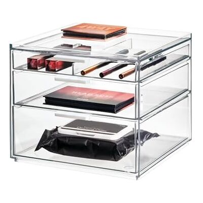 InterDesign iDesign 3-Drawer Tall Box from the Signature Series by Sarah Tanno, Large Plastic PET Organiser, Makeup Storage, Clear/Matte White, 21 x 20.3 x 17.8 cm InterDesign iDesign 3-Drawer Tall Box from the Signature Series by Sarah Tanno, Large Plastic PET Organiser, Makeup Storage, Clear/Matte White, 21 x 20.3 x 17.8 cm