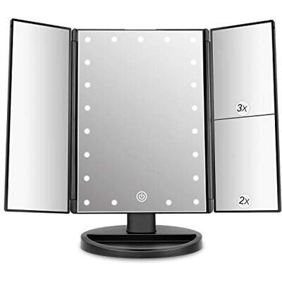 deweisn Tri-Fold Lighted Vanity Makeup Mirror With 3X/2X/1X Magnification, 21 LED Lights, Touch Screen Dimming, Two Power Supply Modes, Tabletop and Travel Cosmetic Use deweisn Tri-Fold Lighted Vanity Makeup Mirror With 3X/2X/1X Magnification, 21 LED Lights, Touch Screen Dimming, Two Power Supply Modes, Tabletop and Travel Cosmetic Use