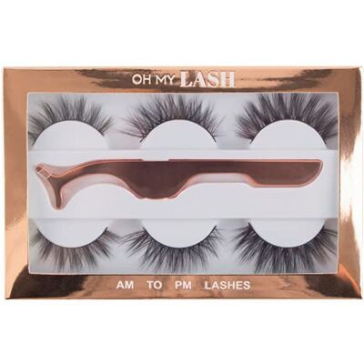 OH MY LASH Multipack Set Black Faux Mink False Strip Eyelashes, 3 Pairs with Rose Gold Applicator Tweezers, AM to PM OH MY LASH Multipack Set Black Faux Mink False Strip Eyelashes, 3 Pairs with Rose Gold Applicator Tweezers, AM to PM