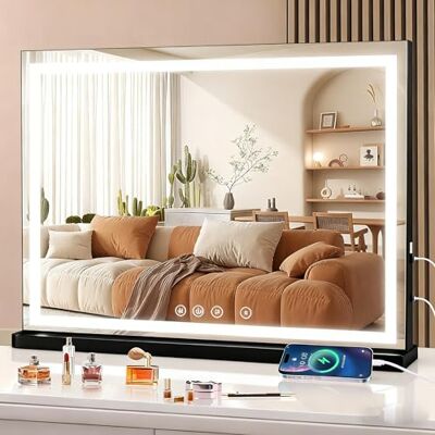 halumao Vanity Mirror with Lights, 80 x 60 cm Large Makeup Mirror with LED Lights, Smart Touch Dimmable 3-Color Light, Memory Function, USB Charging Port black halumao Vanity Mirror with Lights, 80 x 60 cm Large Makeup Mirror with LED Lights, Smart Touch Dimmable 3-Color Light, Memory Function, USB Charging Port black