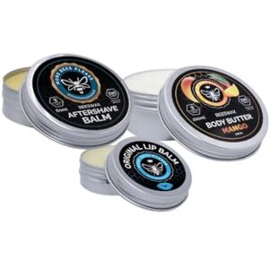 More Bees Please Men's Aftershave Set (400g) Soothing Aftershave Balm, Nourishing Orange Lip Balm, Rich & Creamy Mango Body Butter More Bees Please Men's Aftershave Set (400g) Soothing Aftershave Balm, Nourishing Orange Lip Balm, Rich & Creamy Mango Body Butter