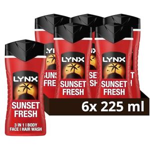 Lynx Men Sunset Fresh 3-in-1 Hair, Face and Body Wash with a mango & mandarin scent and all-day freshness 225 ml, Pack of 6 Lynx Men Sunset Fresh 3-in-1 Hair, Face and Body Wash with a mango & mandarin scent and all-day freshness 225 ml, Pack of 6