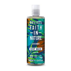 Faith In Nature 100ml Travel Size Coconut Body Wash, Hydrating, Vegan & Cruelty Free, No SLS or Parabens, For Normal to Dry Hair