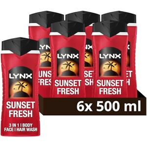 Lynx Men Sunset Fresh 3-in-1 Hair, Face and Body Wash with a mango & mandarin scent and all-day freshness 500 ml, Pack of 6 Lynx Men Sunset Fresh 3-in-1 Hair, Face and Body Wash with a mango & mandarin scent and all-day freshness 500 ml, Pack of 6