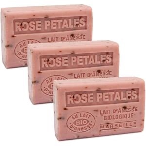 Label Provence Savon de Marseille - French Soap Made With Fresh Organic Donkey Milk - Rose Petals Fragrance - 125 Gram Bar - Set of 3